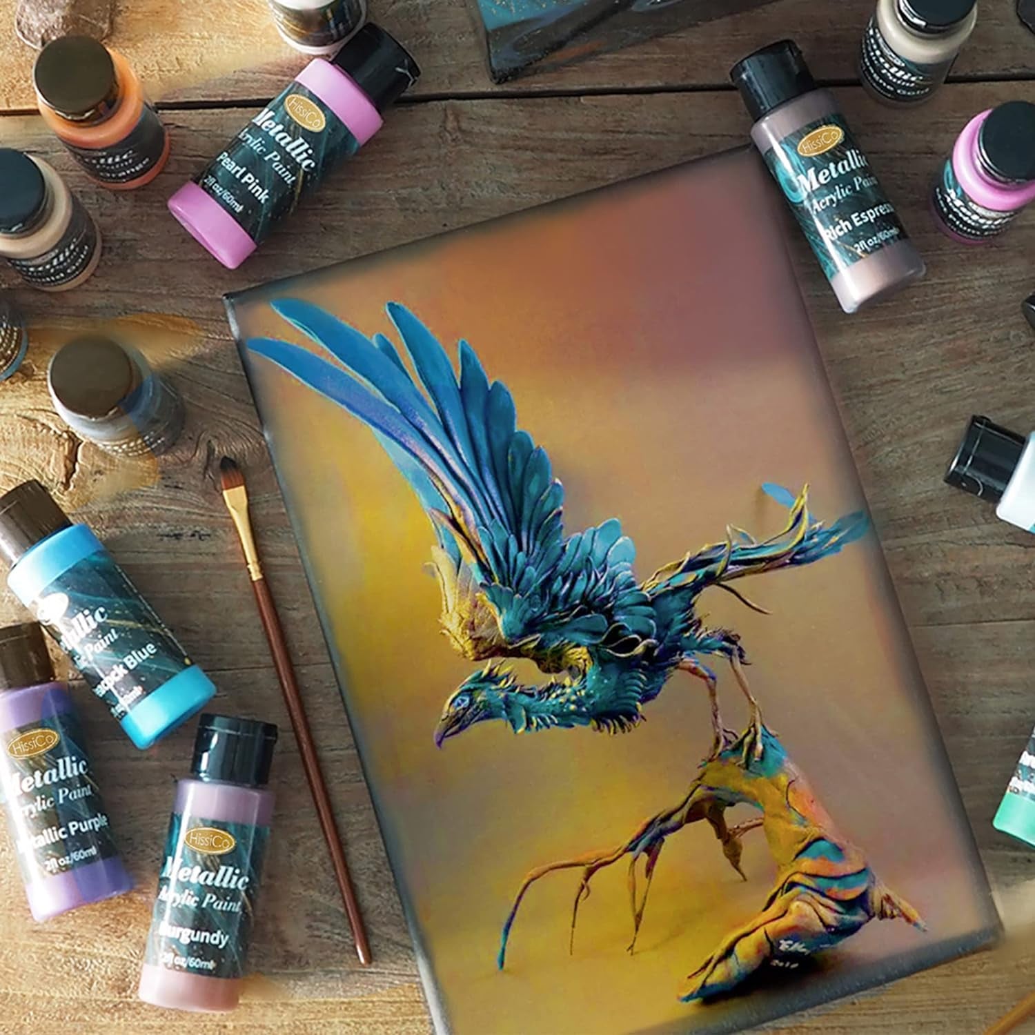 Metallic Acrylic Paint Set of Premium 24 Colors with 12 Brushes,Professional Grade Metallic Paints with Bottles (2Fl Oz 60Ml), Rich Pigments of Non Fading and Toxic Paints for Artist Hobby Painters