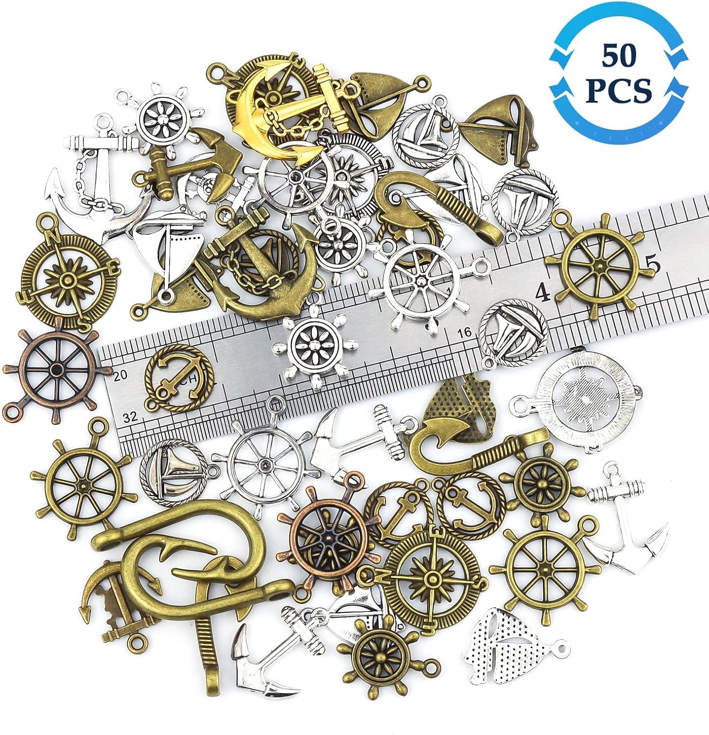 Nautical Anchor Rudder Helm Compass Charms, 100 Grams Mixed Ship Anchor Wheel Pendants Beads Charms for DIY Necklace Bracelet Jewelry Making Accessories