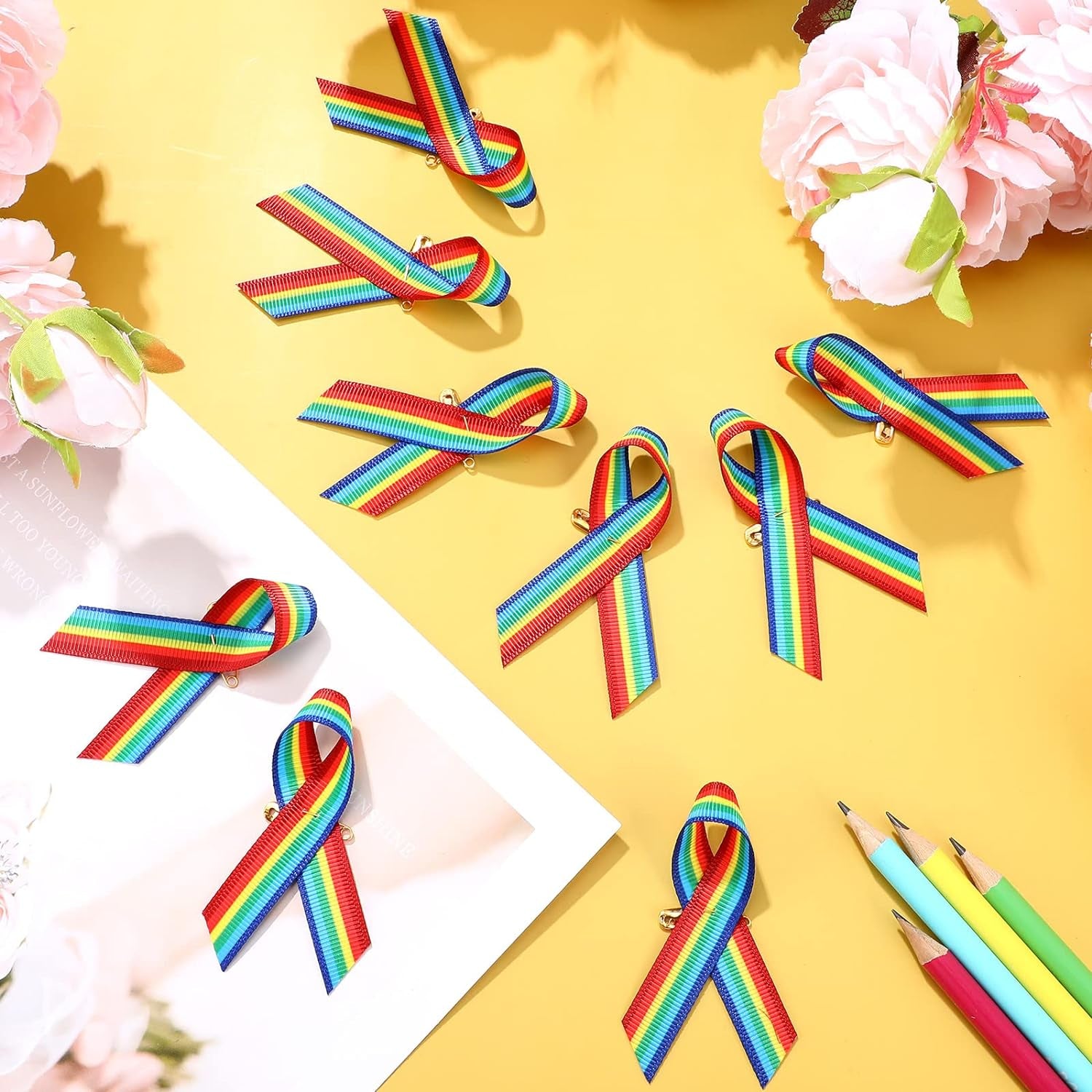 Ribbon Rainbow Pins Gay Pride Ribbon with Safety Pins Bulk, Satin LGBTQ Pins for Pride Parades, Gay Pride Satin Pins for Women Men Clothes Bag Decoration, 6.3 X 0.5 Inch (250 Pieces)