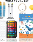 Watercolor Set, 48 Color Paint Set, 10 Brushes, 30 Page Pad(9"X12"), 4 Refillable Pens & More, Painting Kit for Kids, Adults, Beginners