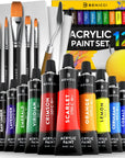 Complete Acrylic Paint Set – 12Х Rich Pigment Colors & 6X Art Brushes - Includes 3 Paint Canvases, Palette Knife & Sponge - Perfect for Canvas, Clay, Ceramic - Non-Toxic, Great for Kids & Adults