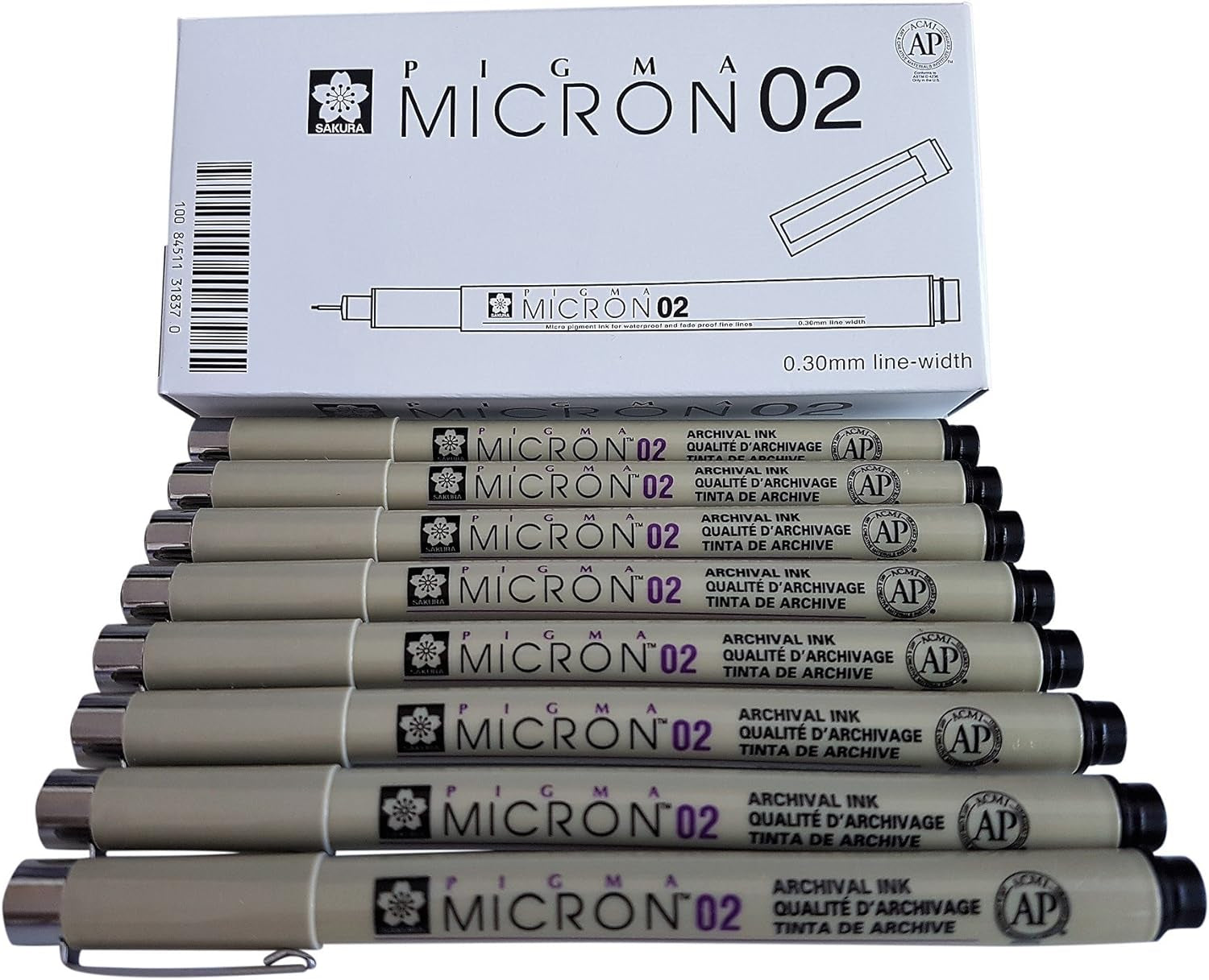Pigma Micron Drawing Pens 02 Black Ink, Line Width 0.3Mm - 8 Pack of Micron 02 Black