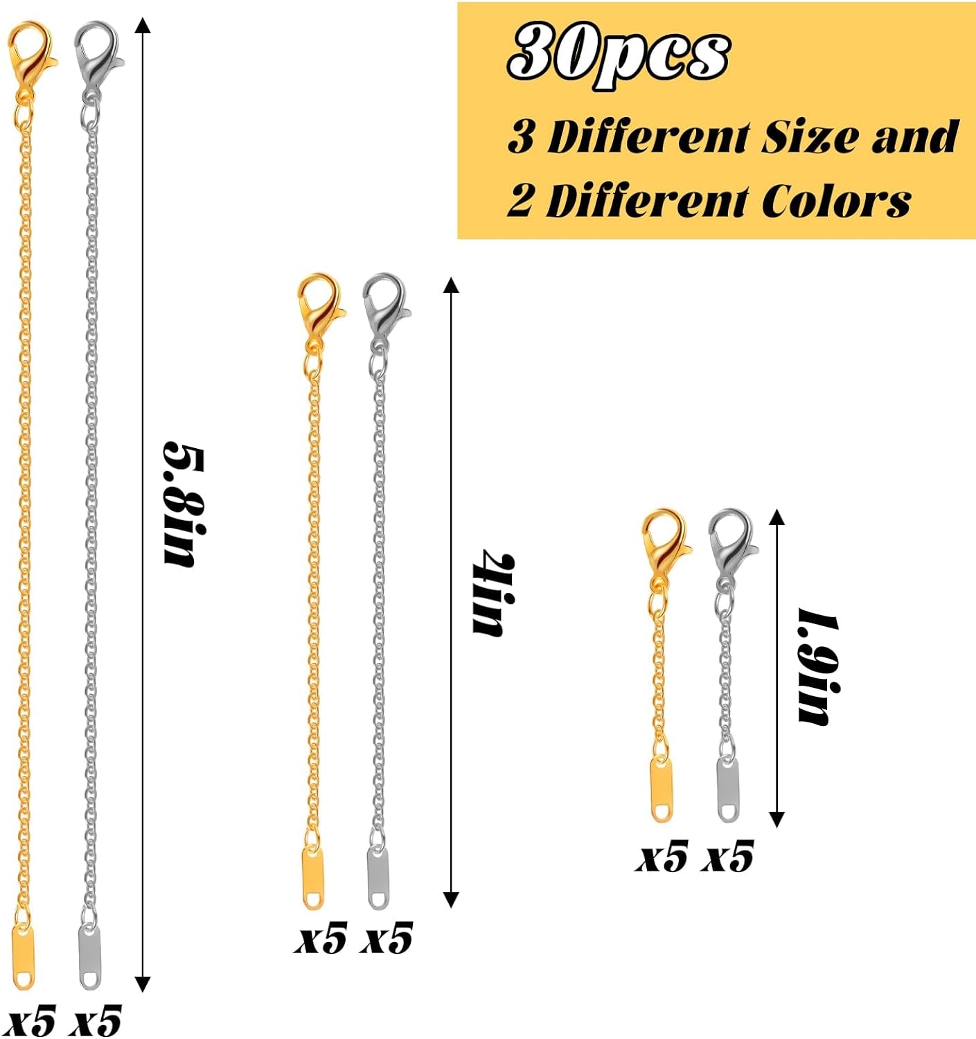 30Pcs Gold Plated and Silver Plated Necklace Extender for 2'', 4'', 6'' Necklace Extender Set for Necklaces, Bracelets, Women'S Jewelry Making Respectively