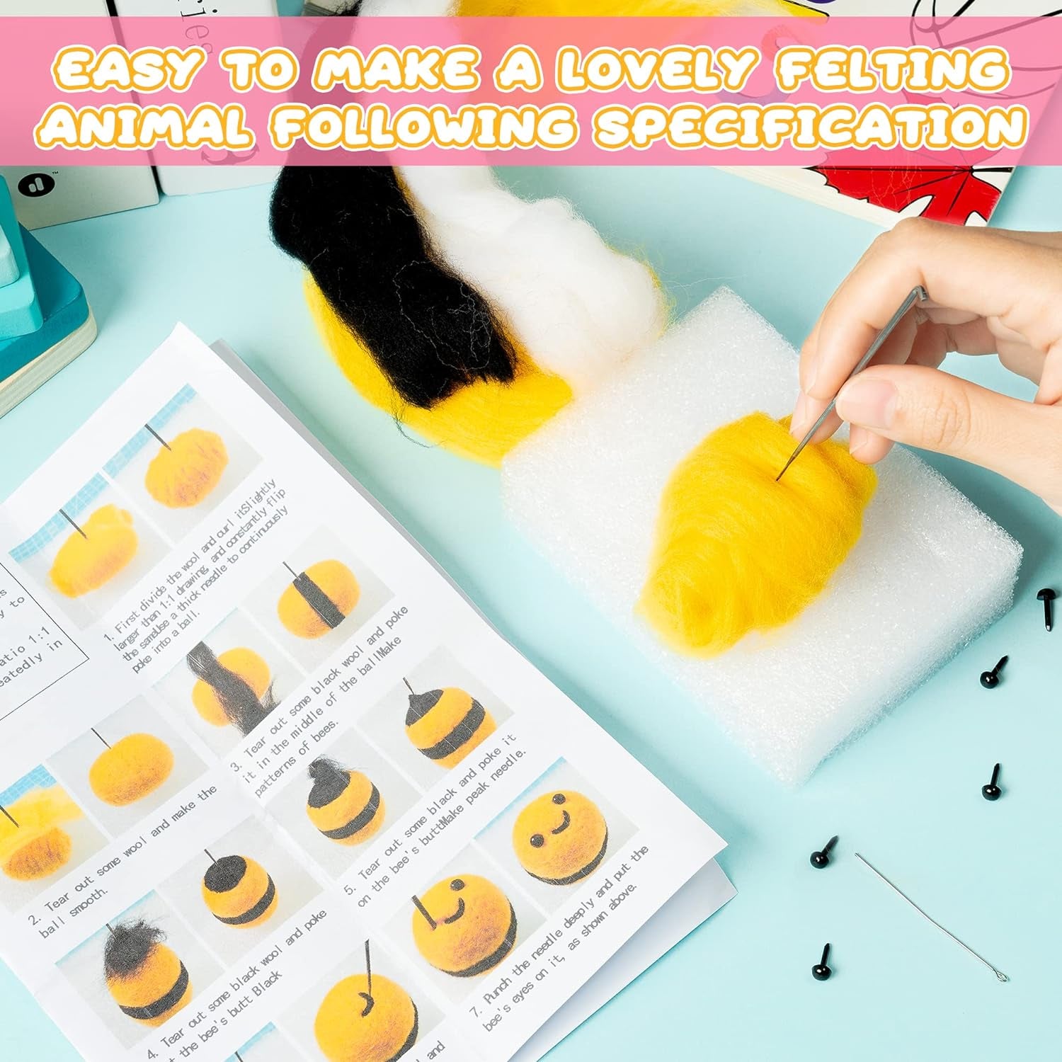 Set of 4 Cute Animal Needle Felting Starter Kit Frog Chick Bee Narwhal Animal Doll Wool Felting Tools Felt Needles Foam Mat DIY Needlework Craft Party Supplies for Beginners Adults Kids