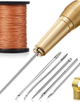 6 Pieces Canvas Leather Sewing Awl Needle with Copper Handle, 50 M Nylon Cord Thread and 2 Pieces Thimble for Handmade Leather Sewing Tools Shoe and Leather Repair