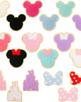 18PCS Colorful Bowknot Mouse Chenille Iron on Patches, Cute Bow Mouse Head Embroidered Patches Set Sew on Embroidered Applique Patches Gold Trim Iron on Patches for Clothing DIY