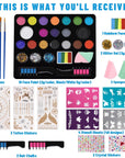 18 Colors Face Painting Kit for Kids - Water Based Pro Washable Kids Face Paint with Brushes, Glitters, Hair Chalks,Tatto Stickers,Sponges,Gems,Stencils for Halloween Party Cosplay