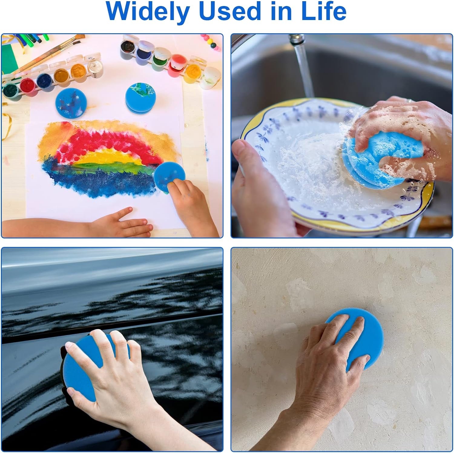 Paint Sponge Applicator 3Pcs,  Black Detail Painting Sponge Double-Side Art Craft round Sponge for Car Waxing, Wall Repairing Kitchen Cleaning Sponges with Storage Mesh Bag (Blue)