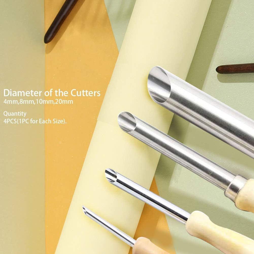 Pack of 4 Stainless Steel and Wood Circular Clay Hole Cutters for Pottery and Sculpture