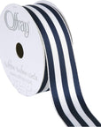 Offray 1.5" Wide Grosgrain Ribbon, 25 Yards, Navy Blue and White Stripe