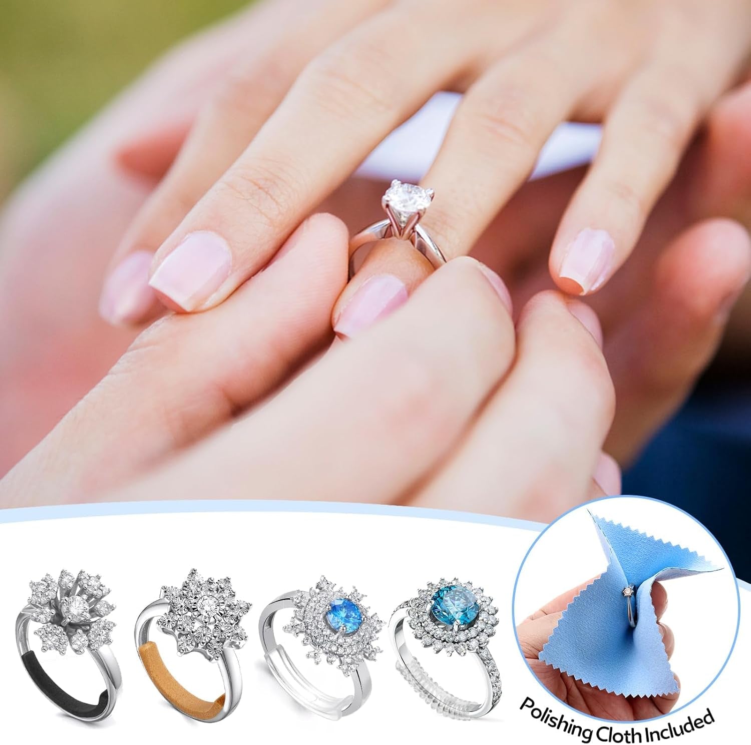 Ring Size Adjuster for Loose Rings- 110 Pcs Ring Size Adjusters Set Includes 8 Plug-In Invisible Ring Adjuster, 8 Spiral Silicone Tightener, EVA Invisible Sticker,Ring Size Measuring Tool