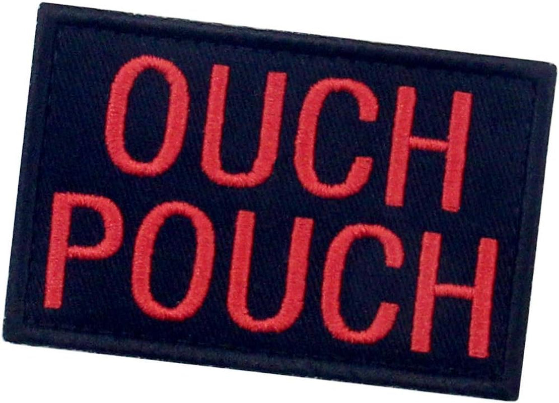 Ouch Pouch Embroidered Patch Tactical Moral Applique Fastener Hook & Loop Emblem, Red & Black
