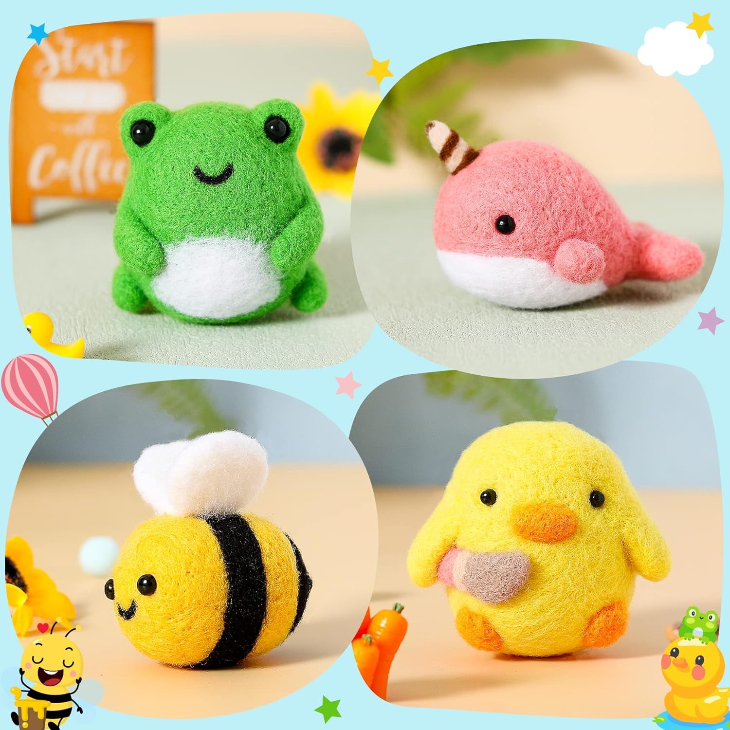 Set of 4 Cute Animal Needle Felting Starter Kit Frog Chick Bee Narwhal Animal Doll Wool Felting Tools Felt Needles Foam Mat DIY Needlework Craft Party Supplies for Beginners Adults Kids
