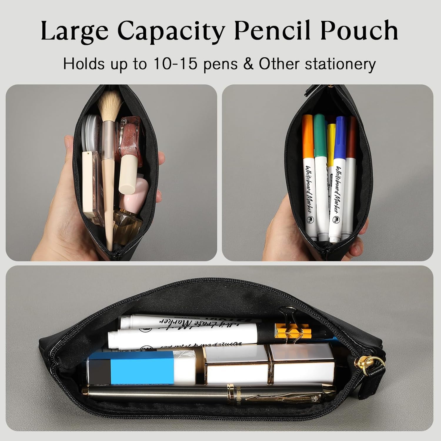 Pencil Case Pencil Pouch Black Pencil Bag PU Leather Pen Case Small Zipper Pouch for Pencils, Pens, Markers, Makeups, Change, Coins