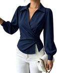 Elevate Your Elegance: TIAFORD Women's Chic Ruched Wrap Blouse with Puff Sleeves"