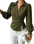 Elevate Your Elegance: TIAFORD Women's Chic Ruched Wrap Blouse with Puff Sleeves"