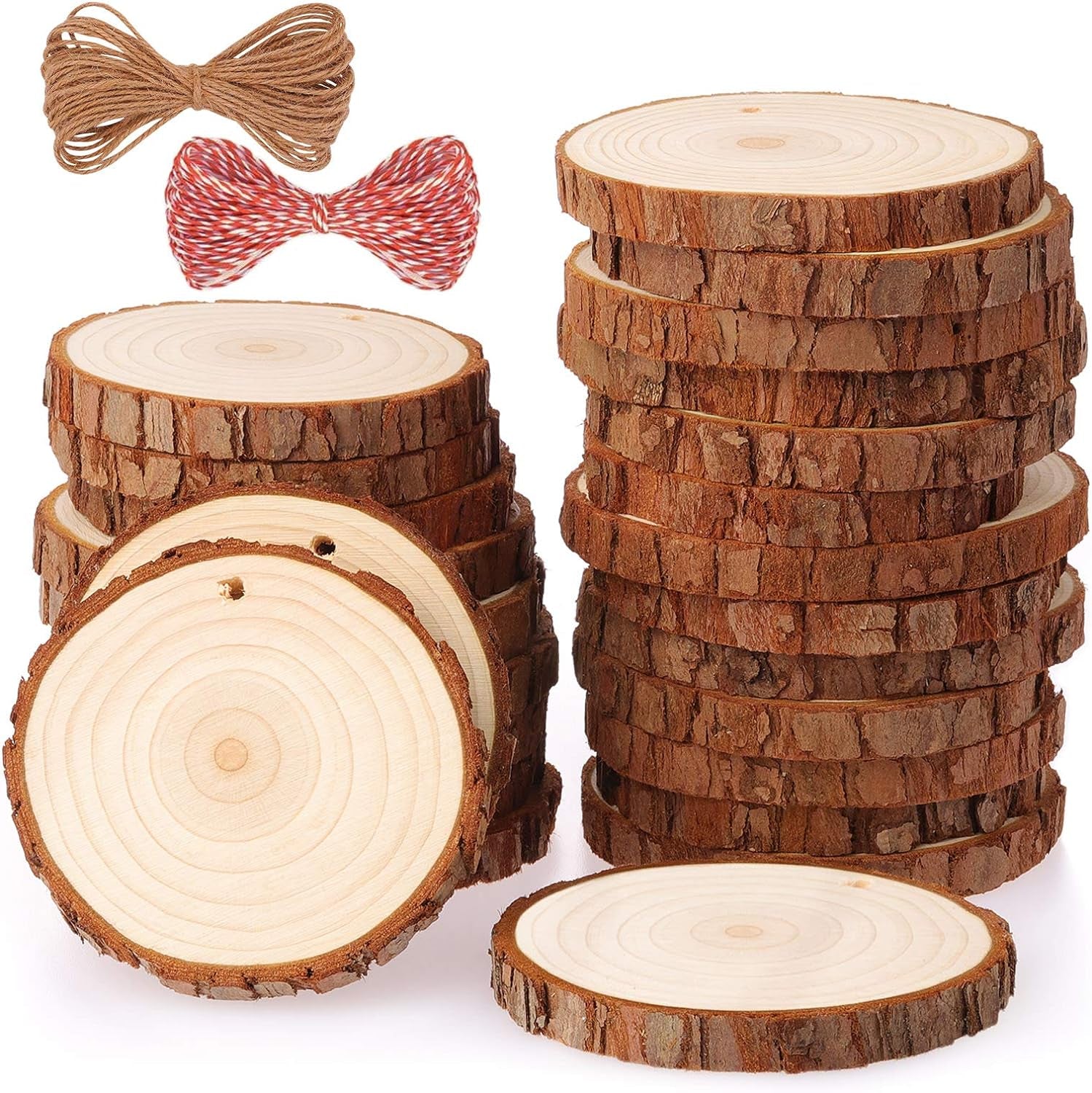 Natural Wood Slices 25 Pcs 3.1-3.5 Inches Craft Wood Kit Unfinished Predrilled with Hole Wooden Circles Tree Slices for Arts and Crafts Christmas Ornaments DIY Crafts