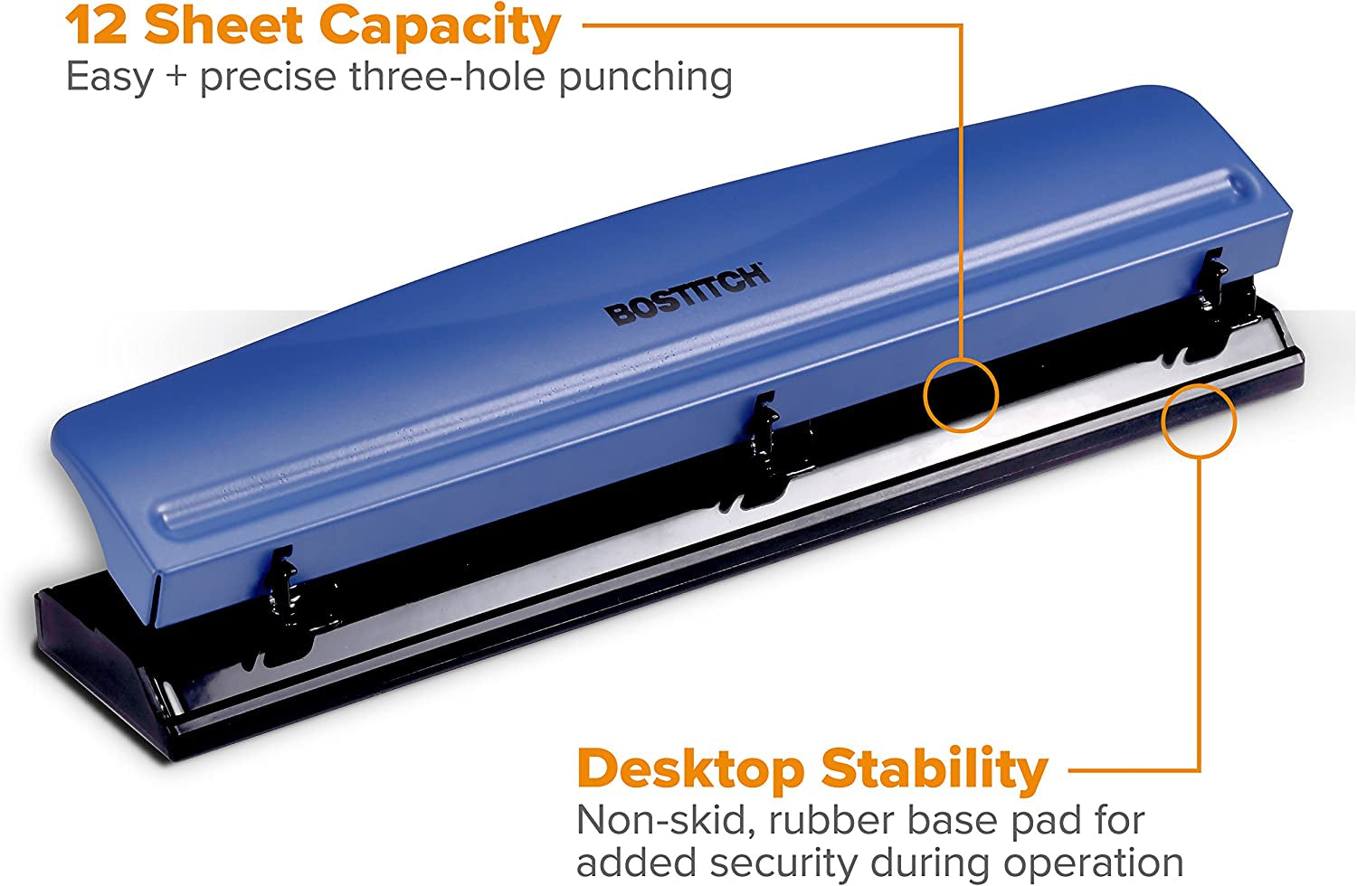 Office Premium 3 Hole Punch, 12 Sheet Capacity, Metal, Rubber Base, Easy-Clean Tray, Silver