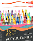 Acrylic Paint Pens, Double Premium Set of 35 Acrylic Paint Markers of Extra Fine and Medium Tip for Rock Painting, Ceramic, Plastic, Glass, Fabric Markers, and Etc. Water Based, Non-Toxic