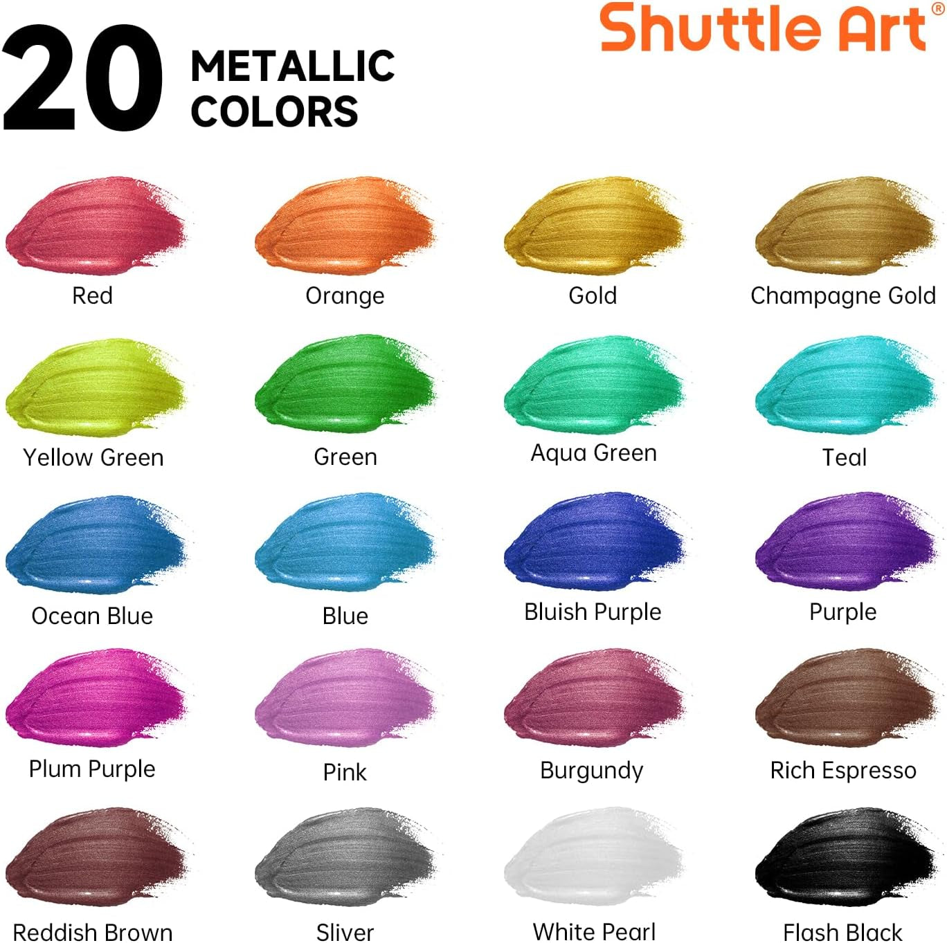 Metallic Acrylic Paint Set, 20 Colors Metallic Paint in Bottles (60Ml, 2Oz) with 10 Brushes and 1 Palette, Rich Pigments, Non-Toxic for Artists, Beginners on Rocks Crafts Canvaswood Fabric