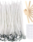 Candle Wicks 100 Pcs 6 Inch with 30Pcs Candle Wick Stickers and 10 Pcs Wooden Candle Wick Centering Device for Soy Beeswax Candle Making and Candle DIY