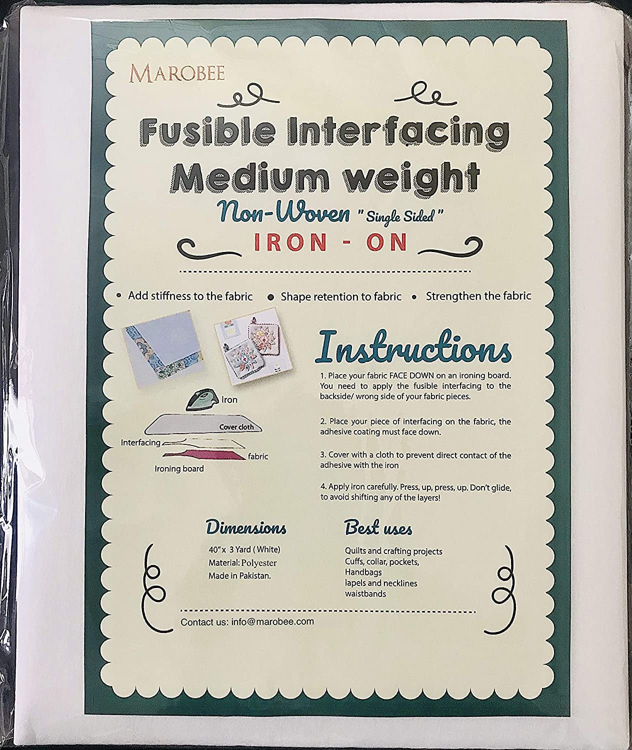 Medium Weight Iron on Fusible Interfacing for Sewing Projects, (40 Inch X 3 Yard) White Non-Woven, One Sided