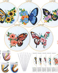 5 Sets Embroidery Beginners Kit with Butterfly Flower Patterns and Instructions Cross Stitch Kits for Starter DIY Adult Kids Butterfly Pattern Embroidery Set with Cloth Hoops Needles Threads