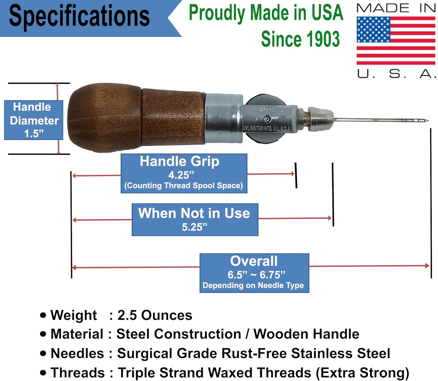 Repair Stitch Tool | Made in USA | Sewing Awl for Bounce Houses, Inflatables, Leather, Thick Fabric, Shoes, Bags, Belt, Upholstery Repair Kit & Crafts Leather, Tarp Stitching. Professional Heavy Duty