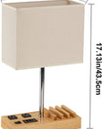 Desk Lamp with 3 USB Charging Ports, Table Lamp with 2AC Outlets and 3 Phone Stands, Nightstand Bedside Lamp with Natural Wooden Base and Cream Linen Shade