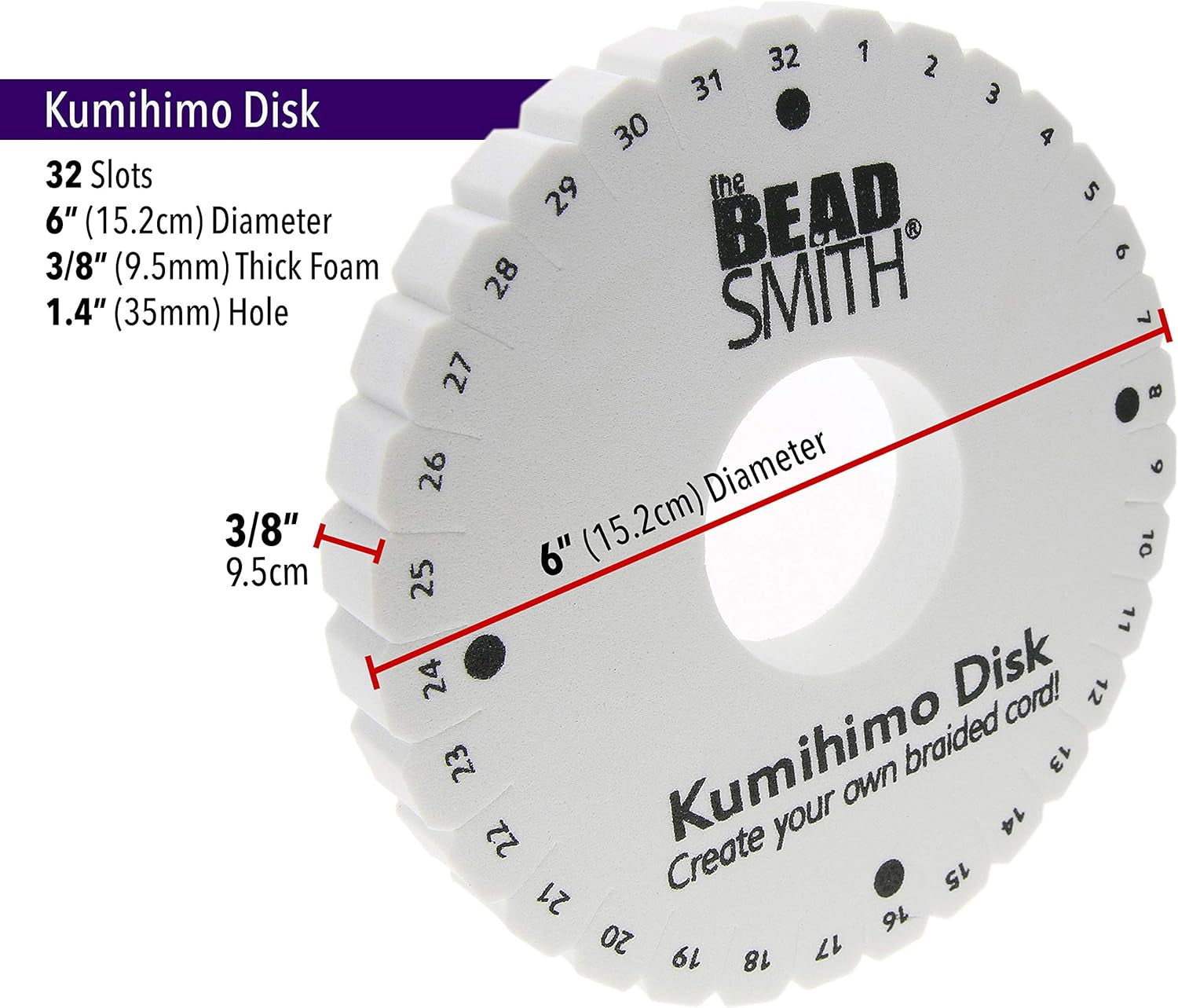 round Kumihimo Disk, 6 Inch Diameter, 3/8” Thick Dense Foam, Jewelry Tools for Braiding, 1 Disks