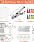 162 Shrinky Sheets Keychain Kit, Including 20 Sheets Shrinky Plastic Paper, Tassels, Keychain Clip, Split Key Rings, Key Rings with Chain, Jump Rings, Hole Punch for Creative