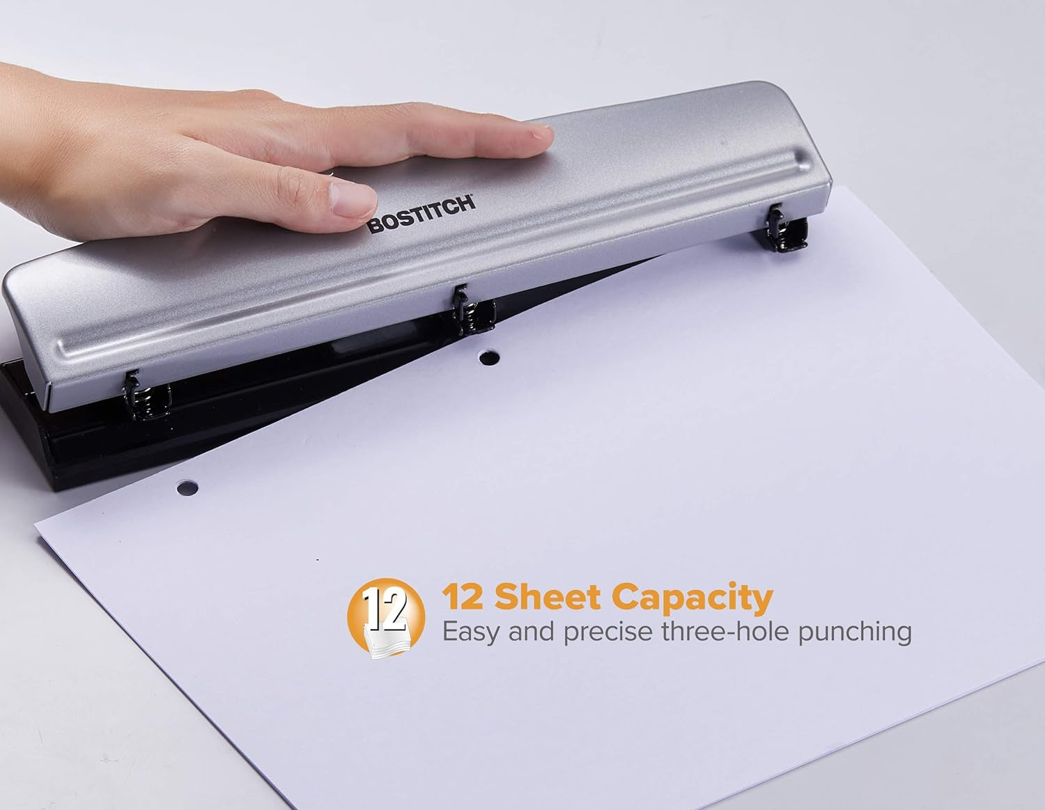 Office Premium 3 Hole Punch, 12 Sheet Capacity, Metal, Rubber Base, Easy-Clean Tray, Silver