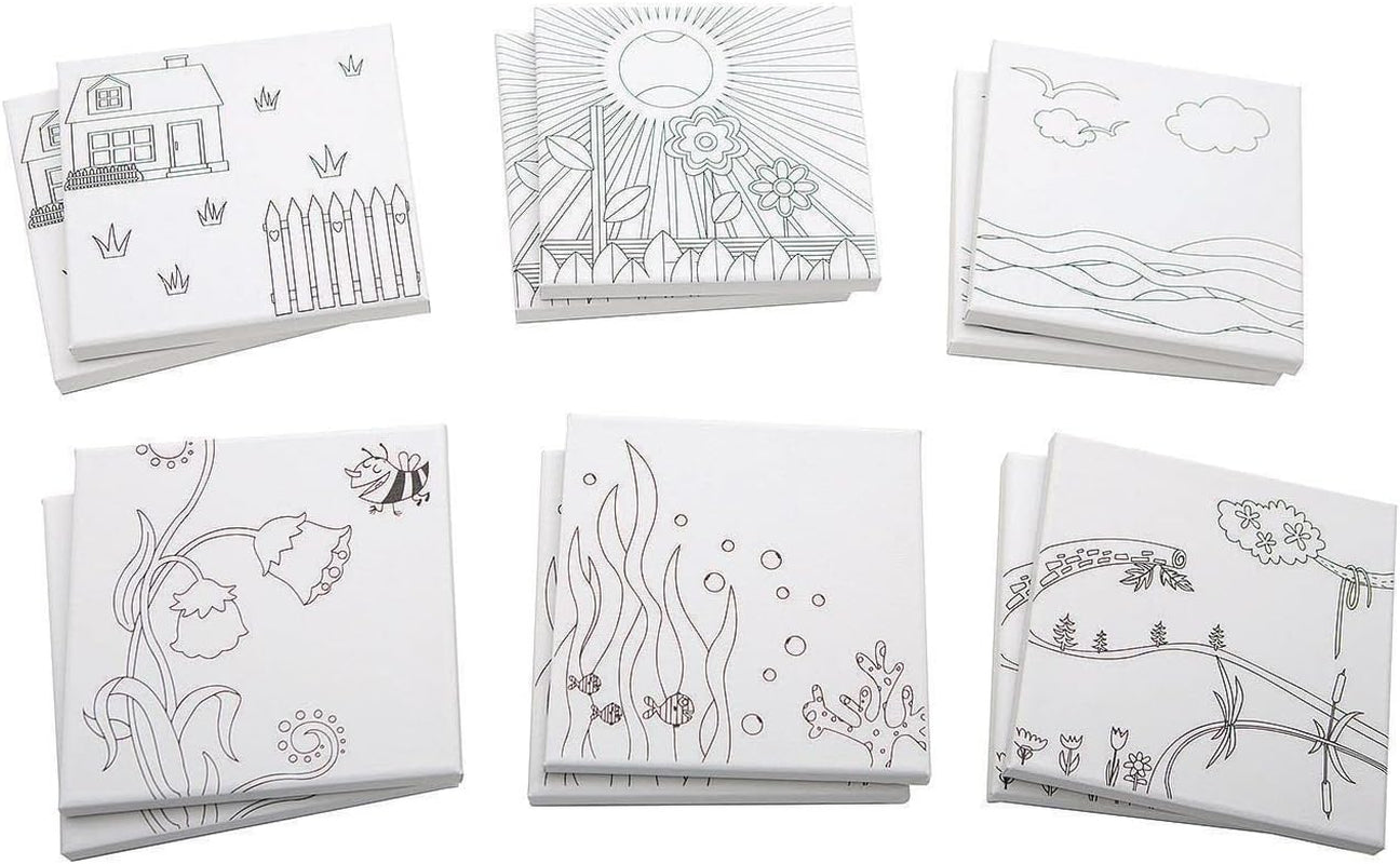 S & S Worldwide Paint-Your-Own Designer Canvas Set I, 2 Each of 6 Pre-Printed Designs, Great for Kids & Adults, DIY Ready to Paint, 6-1/2" X 6-1/2" Stretched Canvas. Pack of 12,Black and White
