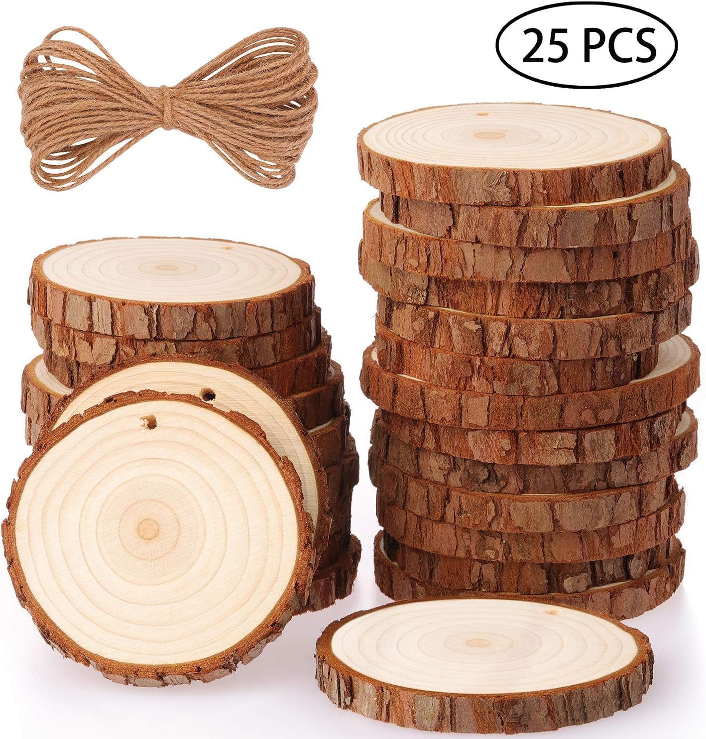 Natural Wood Slices 25 Pcs 3.1-3.5 Inches Craft Wood Kit Unfinished Predrilled with Hole Wooden Circles Tree Slices for Arts and Crafts Christmas Ornaments DIY Crafts