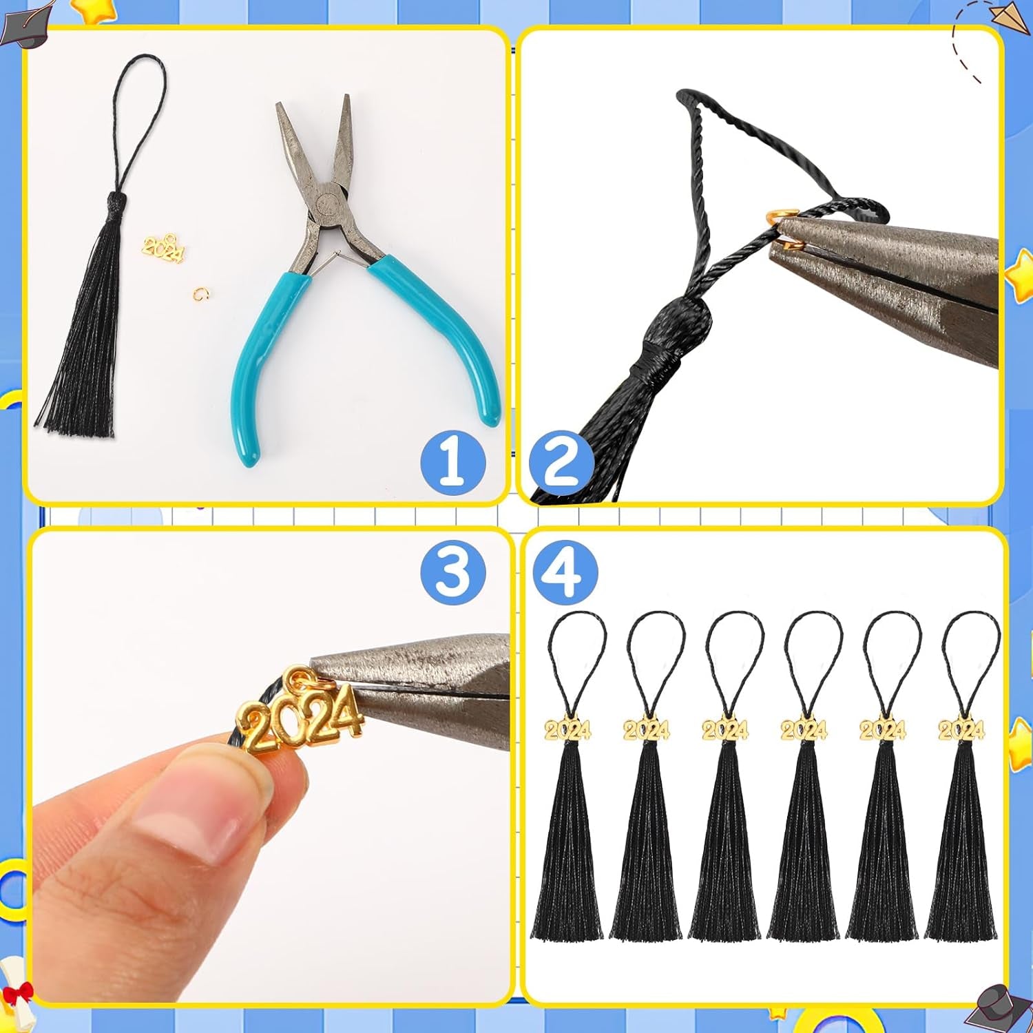Preschool Graduation Tassels, 120Pcs Mini Graduation Tassels with 120Pcs 2024 Year Charms for Graduation Cap Keychain Jewelry Making, Bookmark Tassels for DIY Crafts Ornaments Project, Black