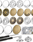 100 Sets Buttons for Jeans, 17Mm and 20Mm No-Sew Removable Adjustable Metal Jean Buttons Pins, Pants Jeans Button Replacement Tightener Repair Combo Thread Rivets and Screwdrivers in Storage Box