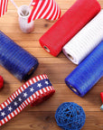 5 Rolls 4Th of July Patriotic 30 Feet Each Roll Red White and Blue Poly Burlap Mesh with Ribbon Stripe 10 Inches for Veterans Day Party Decor Gift Wrapping DIY Crafts (Bright Style)