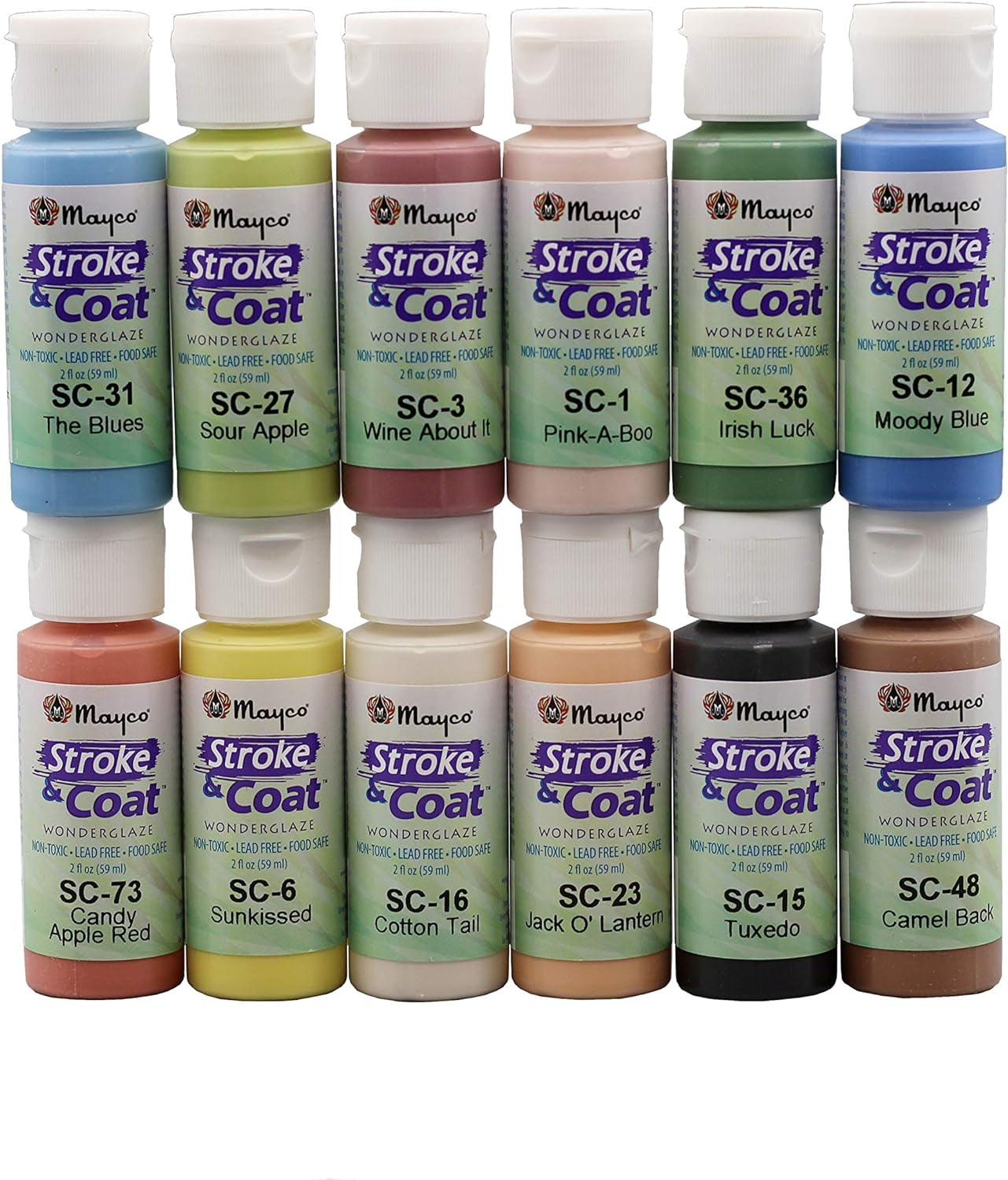 Mayco Stroke and Coat Glaze for Ceramics Kit 3 | 12 Assorted 2 Oz Jars with How to Paint Pottery Book
