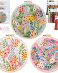 Embroidery Kit for Adults, Embroidery Material Set with Cute Flowers and Plants Patterns. 3 Embroidery Clothes and Colors Threads. 1 Hoop. (Flowers-B)
