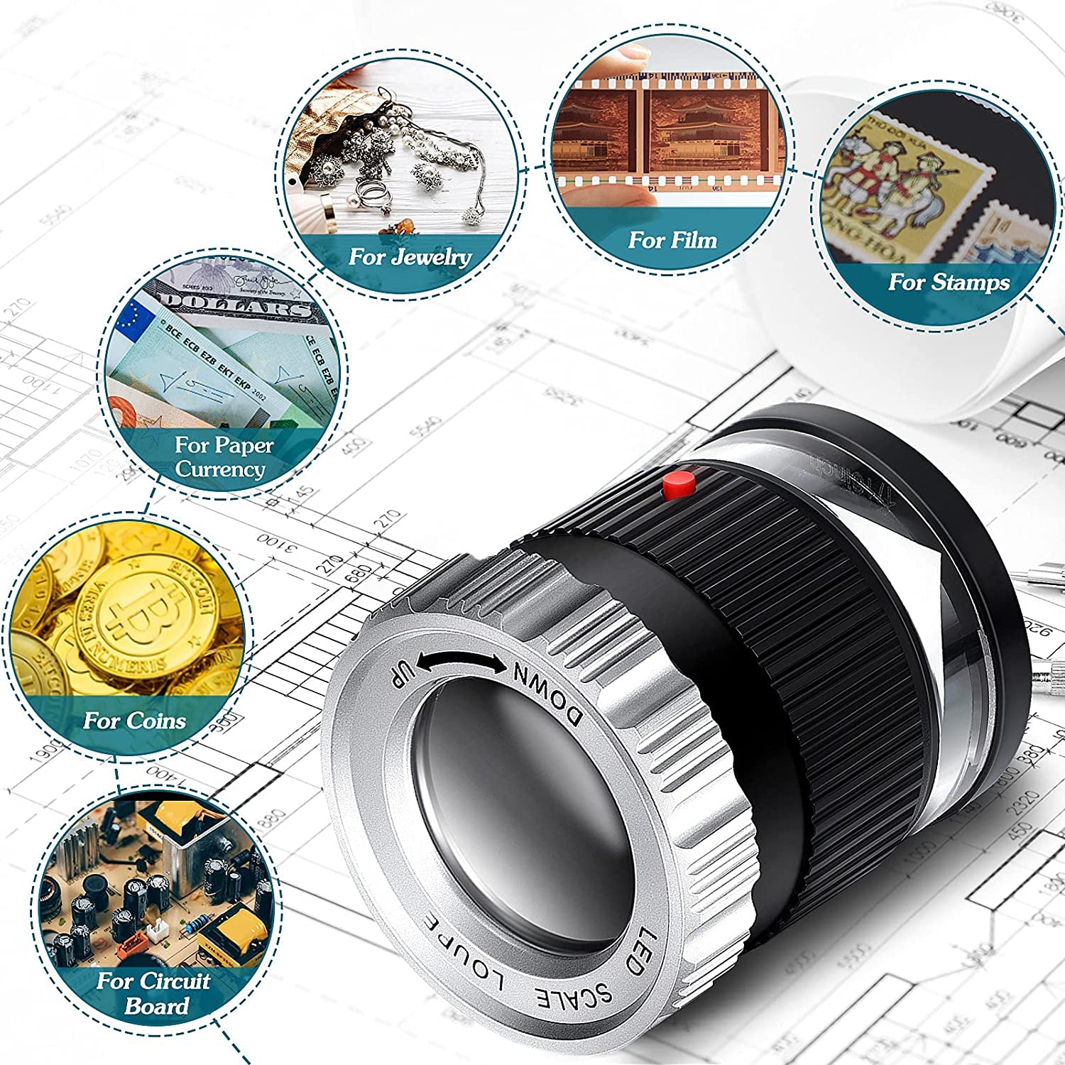 Loupe Magnifier 30X Magnifier LED Lighted UV Illuminated Magnifier Adjustable Focal Length Magnifier Foldable Jewelry Magnifier Glass for Jewelry Textile Coins Stamps Board Gems (Black)