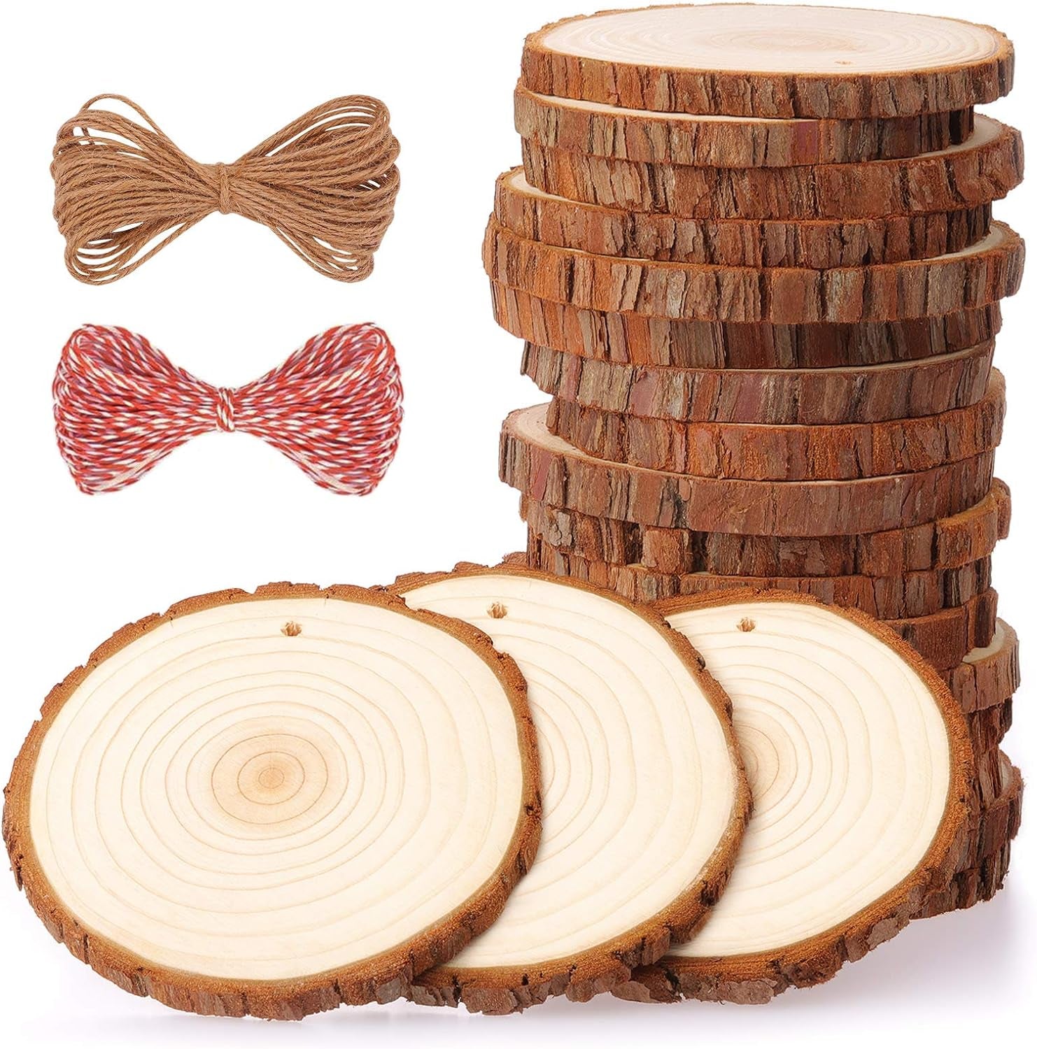 Natural Wood Slices 25 Pcs 3.1-3.5 Inches Craft Wood Kit Unfinished Predrilled with Hole Wooden Circles Tree Slices for Arts and Crafts Christmas Ornaments DIY Crafts