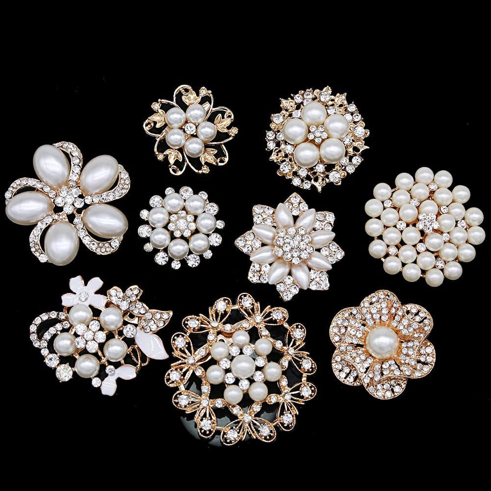 Lot 9Pcs Rose Gold-Tone Rhinestone Brooches, Big Pearl Crystal Wedding Bouquet Kit Set