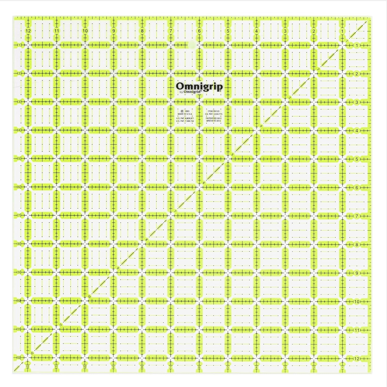 Omnigrip X 12-1/2" Non-Slip Square Quilting Ruler, Clear