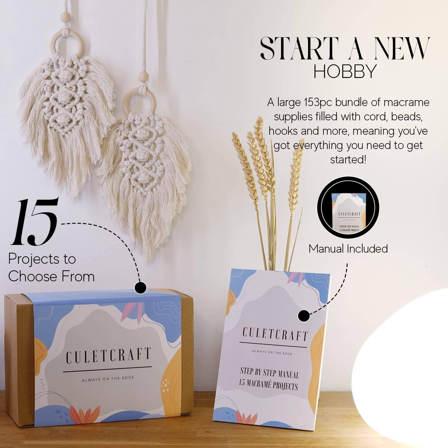 Macrame Kit for Beginners 153Pc, 15 Projects Book, 164Yd Cotton Macrame Cord, Wooden Beads & Sticks, Wooden & Metal Rings, Gift Box, Book & Accessories, Perfect Macrame Starter Kit