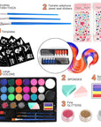 Face Painting Kit for Kids - 24 Water Based Non-Toxic Sensitive Skin Paints 3 Glitters 1 Rainbow Split Cake 2 Hair Chalks Combs 3 Paint Brushes 40 Stencils Face Body Paint for Kids Party