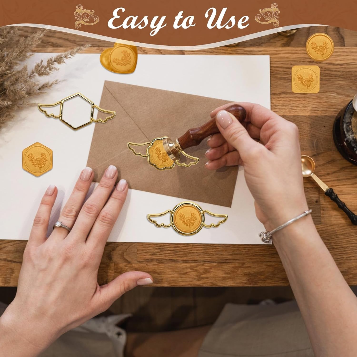 Newest Design 5+29P Metal Wax Seal Mold with Wing,  Gold Wax Seal Stamp Mold round Flower Square Hexagonal Heart Metal Wax Melt Mold with Silicone Mat, 28P Wax Sticker for Envelope Wax Wrapping