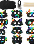 36 Pieces Scratch Paper Animal Masks Rainbow Masks with Elastic Cords and 12 Pieces Wood Stylus for Costume Dress up Parties Decorations and DIY