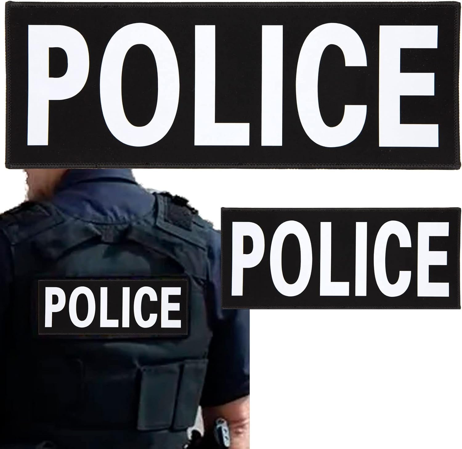 Police Patch 2 Pack Reflective Police Patch Hook and Loop Durable Fabric Police Patch with Reflective Printed Letters for Officer Guard Custom Uniforms Vest, Jacket, Carrier, 1 Small and 1 Large