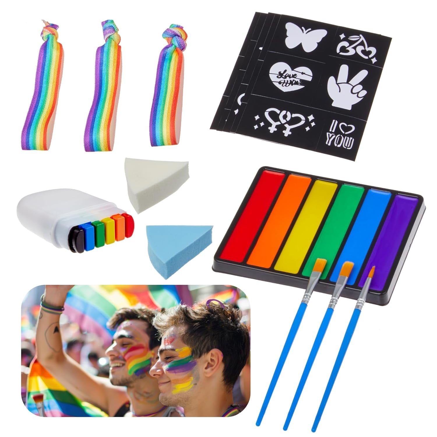 Pride Face Paint Kit - 6 Color Rainbow Face Body Paint with Pride Makeup Stick, Stencil Stickers, and Pride Bracelet - Perfect for Gay Pride Parade, Pride Month Celebrations and Party
