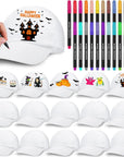 16 Pieces Halloween White DIY Hats with 24 Colors Fabric Markers Pen Bulk for Halloween Supplies